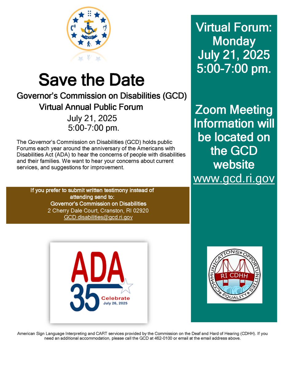 📅 Mark your calendars! The Governor's Commission on Disabilities is holding their Virtual Annual Public Forum on Monday, July 21, 2025, from 5:00-7:00 PM.