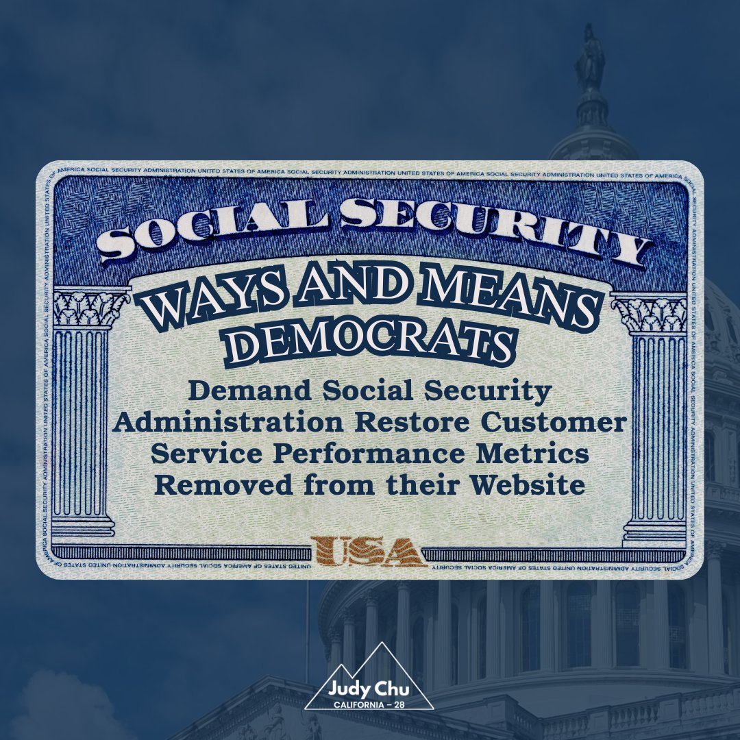 Judy Chu (@repjudychu) on Twitter photo The Social Security Administration quietly removed key customer service metrics from its public website—while cutting 7,000 staff & delaying services.
Today, I sent a letter with my <a href="/WaysMeansCmte/">Ways and Means Democrats</a> colleagues demanding SSA restore these metrics. The public deserves transparency. The Social Security Administration quietly removed key customer service metrics from its public website—while cutting 7,000 staff & delaying services.
Today, I sent a letter with my <a href="/WaysMeansCmte/">Ways and Means Democrats</a> colleagues demanding SSA restore these metrics. The public deserves transparency.