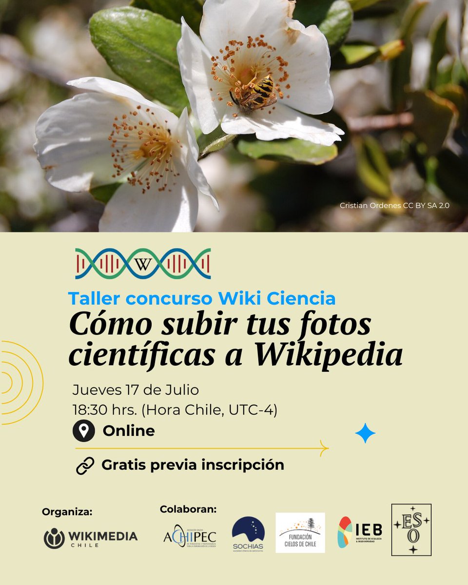 ¿Tienes una foto sobre ciencia? ¡Súbela a Wikipedia! 🔬 
Participa en el concurso #WikiCiencia y visibiliza la ciencia chilena en la enciclopedia más leída.
Aprende cómo hacerlo en este taller: 
✍️ forms.gle/wjYTvFvNiuC3u9…