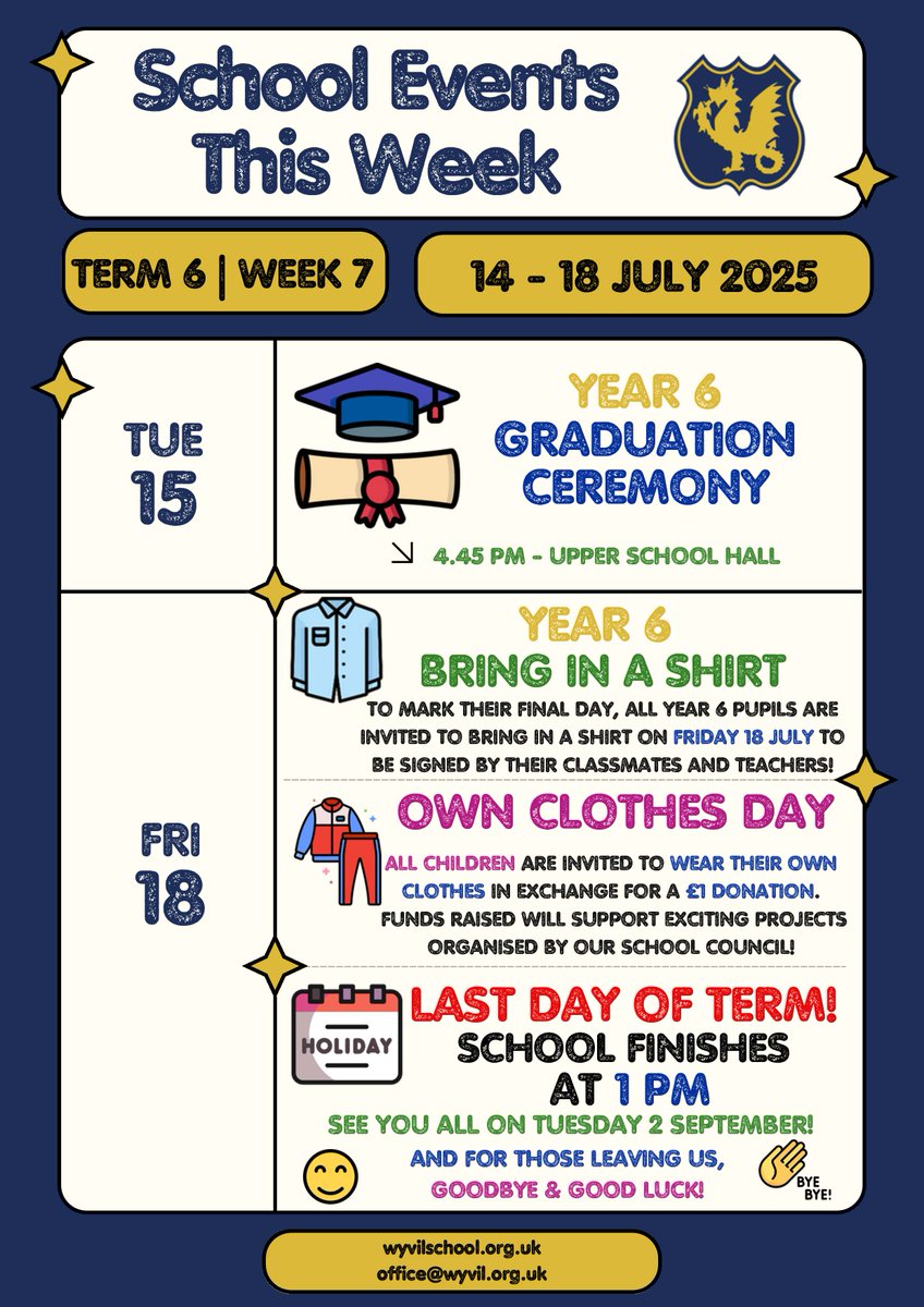 🎓 It’s the final week of term and the end of an era for our amazing Year 6 pupils! 🤩

We hope everyone enjoys the last week of school – you’ve earned it! 😊

Have a lovely summer break when it comes! 🌞
#WyvilPrimary #EndOfTerm #Year6Leavers