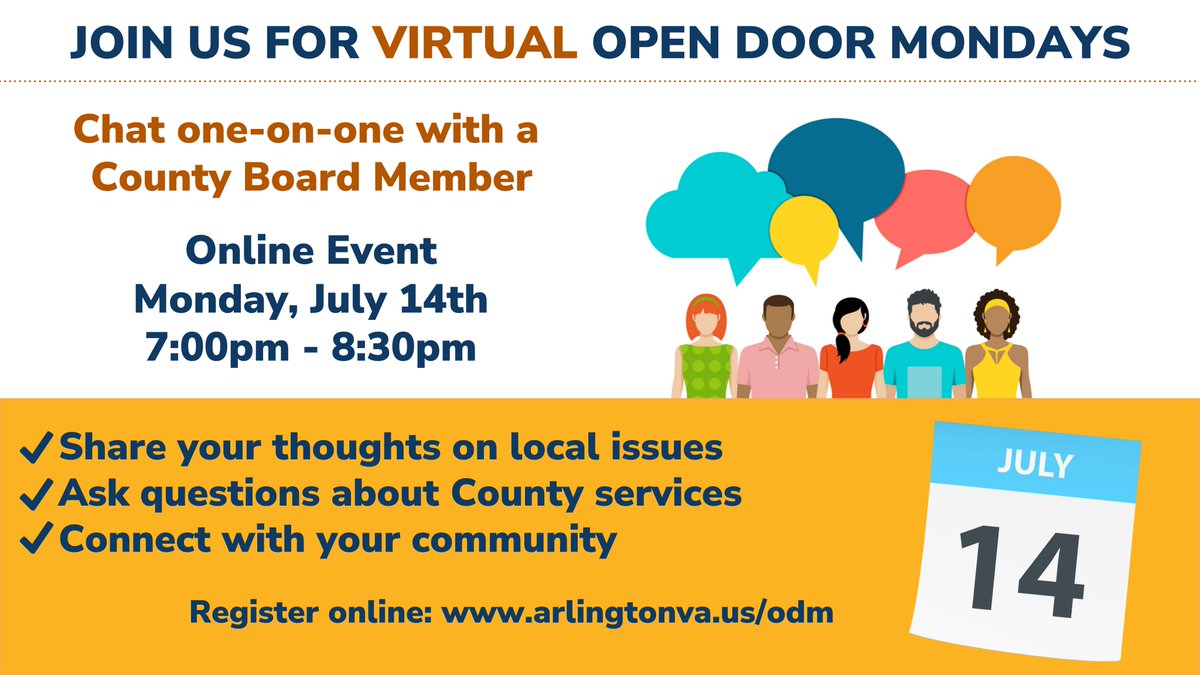 ArlCountyBoard's tweet image. Join us tonight for Virtual Open Door Mondays. Chat one-on-one with a County Board Member from 7:00 to 8:30 PM. Share your ideas, ask questions, and connect about local issues.
Register anytime before the event starts: arlingtonva.us/odm