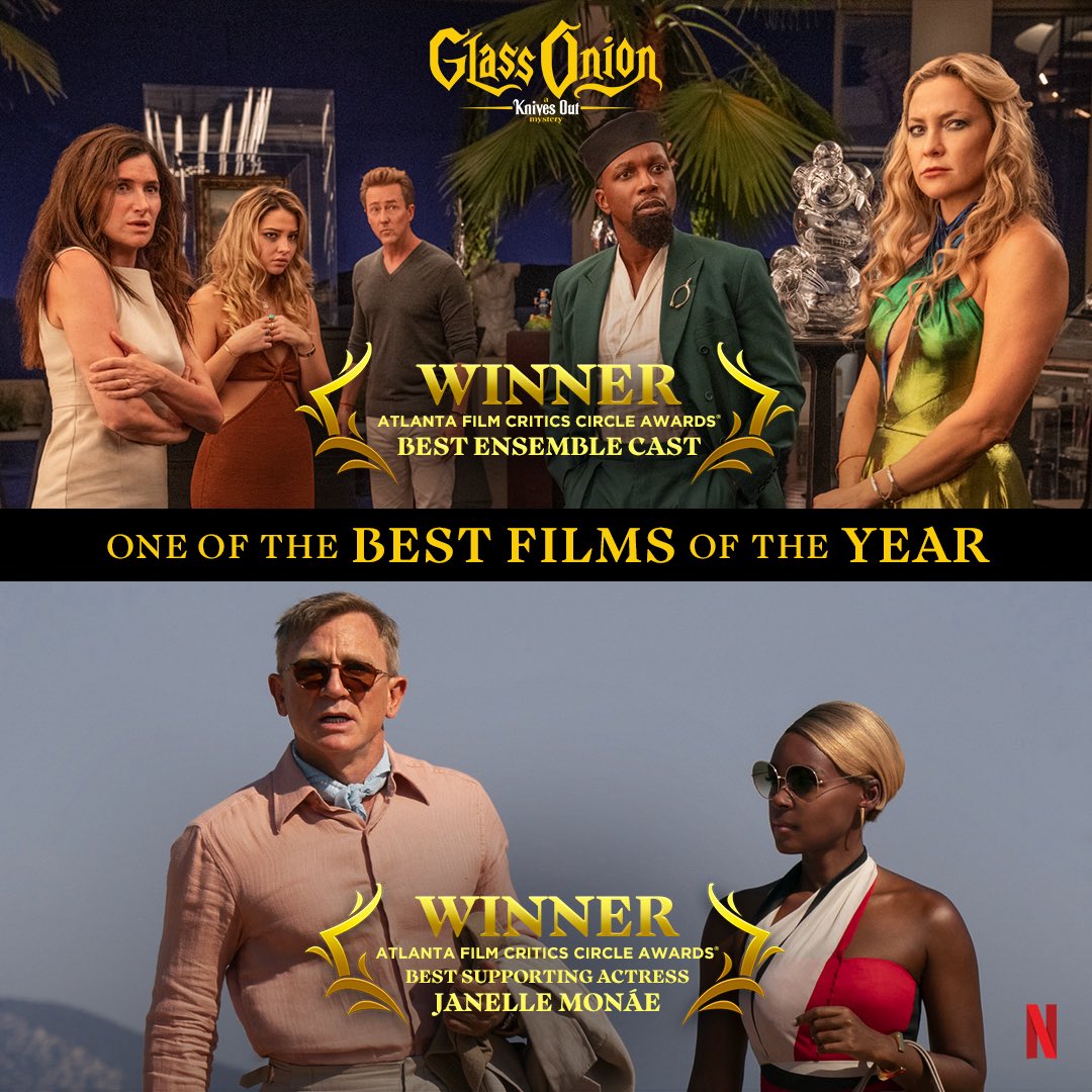 © 𝗞𝗻𝗶𝘃𝗲𝘀 𝗢𝘂𝘁: 𝖦𝗅𝖺𝗌𝗌 𝖮𝗇𝗂𝗈𝗇ᴿᴾ 
↳ 𝟤𝟢𝟤𝟧 • #GlassOnionSD

This is simply delightful! Thank you to the the ATL Critics for honoring Glass Onion with Best Ensemble Cast, Best Supporting Actress for Janelle, and calling it “one of the best films of the year.”🎞️