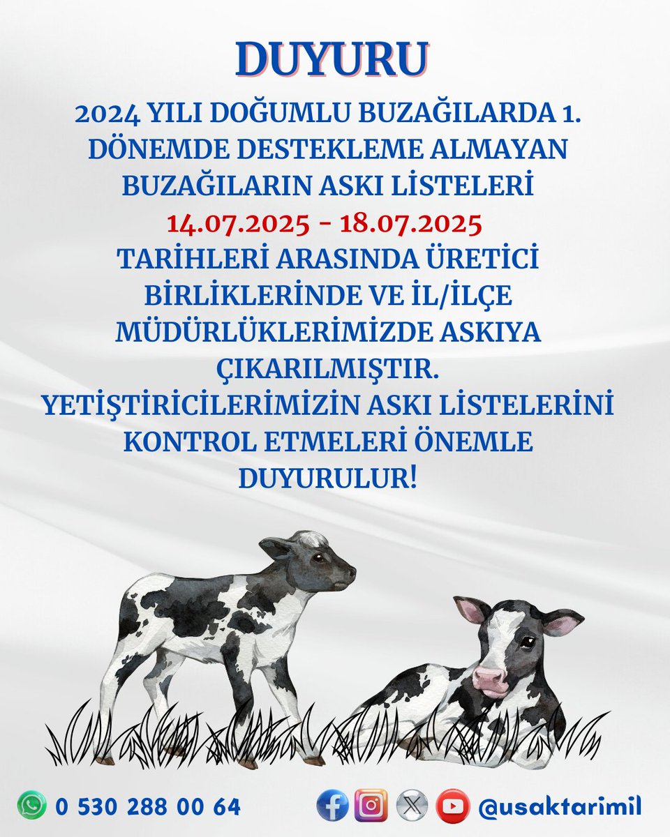 Uşak İl Tarım ve Orman Müdürlüğü (@usaktarimil) on Twitter photo 2024 Yılı 2. Dönem Buzağı Desteklemesi Listeleri Askıya Çıkarılmıştır.
Yetiştiricilerimize Önemle Duyurulur!
<a href="/TCTarim/">T.C. Tarım ve Orman Bakanlığı</a> <a href="/TC_UsakValiligi/">Uşak Valiliği</a> <a href="/ibrahimyumakli/">İbrahim Yumaklı</a> <a href="/bilir_serkan/">Serkan Bilir</a> 2024 Yılı 2. Dönem Buzağı Desteklemesi Listeleri Askıya Çıkarılmıştır.
Yetiştiricilerimize Önemle Duyurulur!
<a href="/TCTarim/">T.C. Tarım ve Orman Bakanlığı</a> <a href="/TC_UsakValiligi/">Uşak Valiliği</a> <a href="/ibrahimyumakli/">İbrahim Yumaklı</a> <a href="/bilir_serkan/">Serkan Bilir</a>