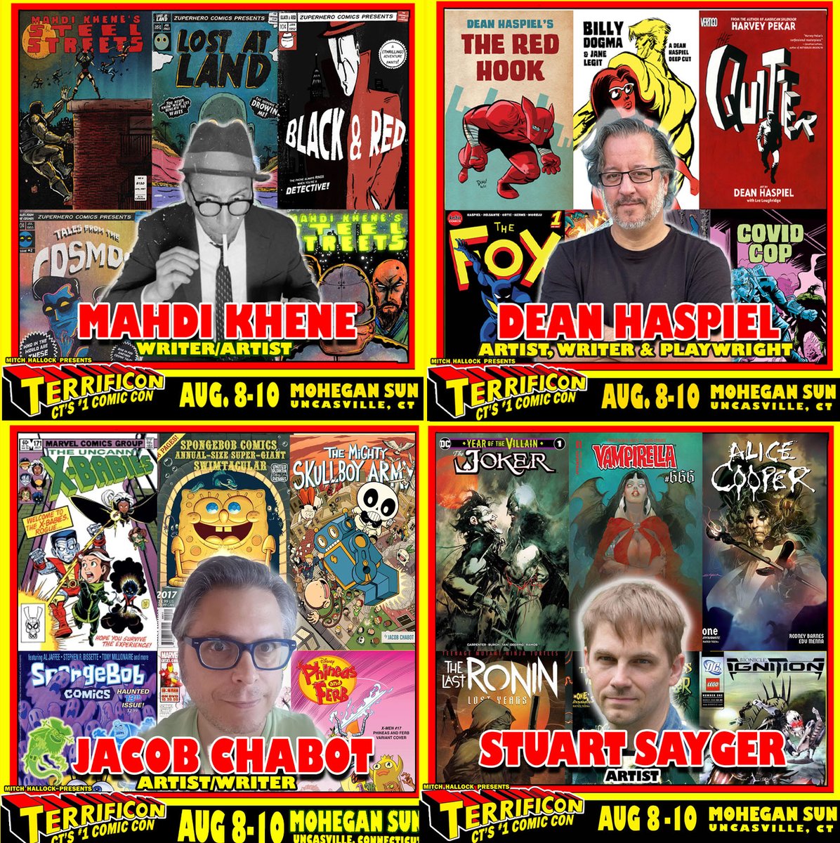 ItsTerrifiCon's tweet image. TERRIFICON is coming up fast and I want to make sure fans get to see more of the comic creator guests they will find at Mohegan Sun on August 8-10! Please welcome back @mahdikhene @deanhaspiel_art @stuartsayger and @jacobchabot - see the full list of guests on our website -…