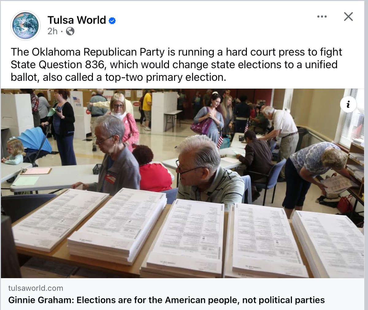 Ginnie Graham, Tulsa World’s designated KAREN, fights to END OK’s party designations in state elections. Erasing Republican from ballots is a scheme to increase the Democrat/Socialist/Communist numbers in state &amp; local govt. That is how Tulsa got Mayor Monroe REPARATIONS Nichols!
