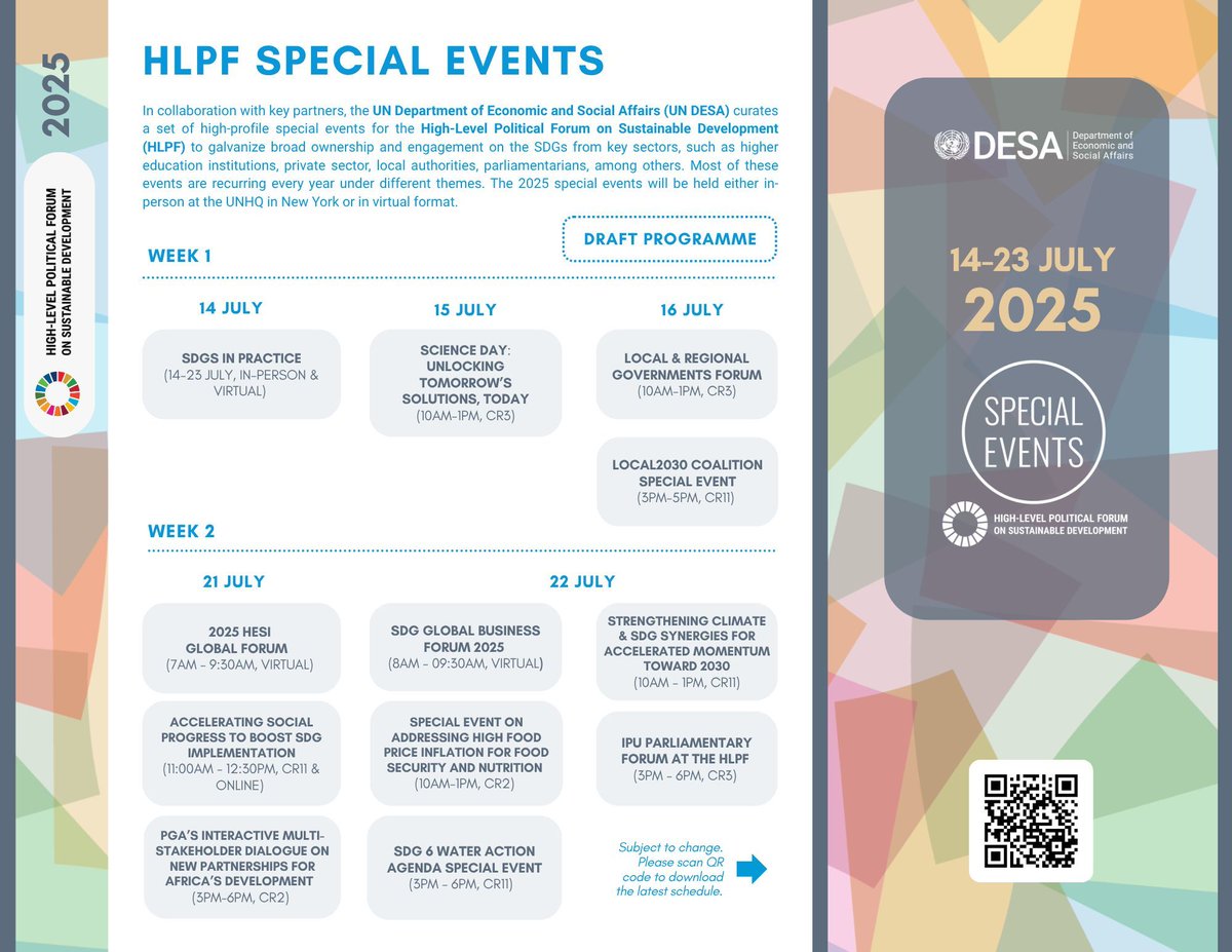 Special Events during #HLPF2025 will be held in-person &amp; online.
✔️ Some require separate registration
✔️ Open to all HLPF participants (in-person)

🗓️ Don’t miss updates or changes to the programme:
👉 sdgs.un.org/2025-hlpf-spec…

#SDGs #UNDESA