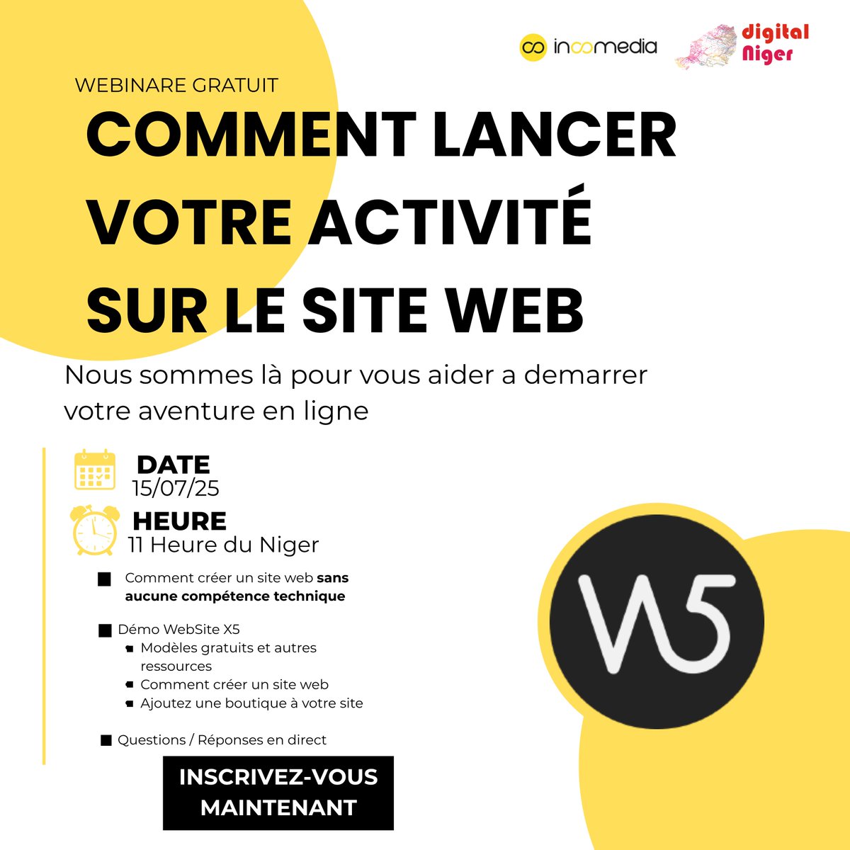 📢 Rappel 
C'EST DEMAIN 

Et si votre avenir se lançait sur le web ?

🚀 Apprenez à créer un site pro sans coder, avec WebSite X5.
✅ Simple, rapide, efficace.
📅 Mardi 15 juillet à 11h (Niger).
🎟 Inscription (places limitées) 👉 forms.gle/cXnGaQ9M4jxNQj…

#Webinar #DigitalNiger