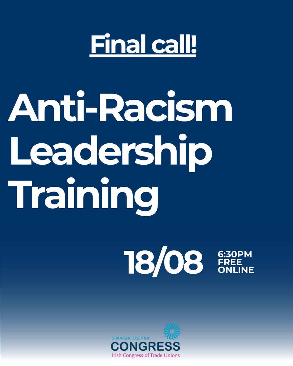 🔊 FINAL CALL for Anti-Racism Leadership Training!
📅 Aug 18 | 6:30-8PM | Online
 
New participants only - must be from ethnic minority background.

Build advocacy skills, networks &amp; drive workplace change.

Full details: ictu.ie/events 

Register: antiracism@ictu.ie