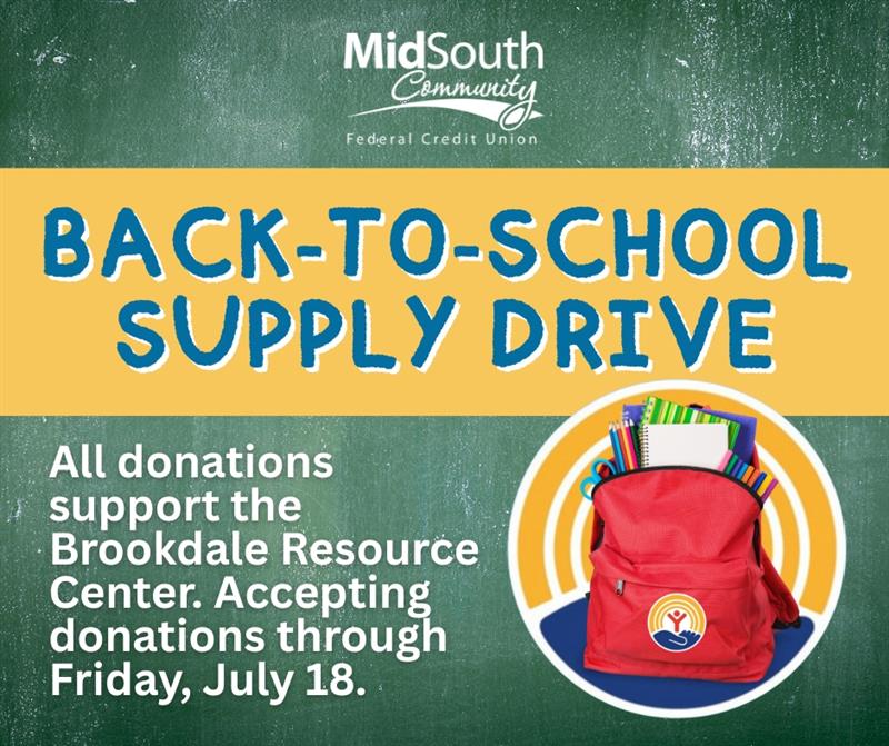 MidSouthCommunityFCU (@midsouthcfcu) on Twitter photo 📚✏️ Help us support local students!
We’re collecting school supplies for the Brookdale Resource Center with <a href="/UnitedWayCG/">United Way of Central Georgia</a>.
🗓️ Now–July 18
📍Drop off at any Macon branch
Let’s make a difference! ❤️
#MidSouthCommunityFCU #BacktoSchoolDrive #CommunityStrong 📚✏️ Help us support local students!
We’re collecting school supplies for the Brookdale Resource Center with <a href="/UnitedWayCG/">United Way of Central Georgia</a>.
🗓️ Now–July 18
📍Drop off at any Macon branch
Let’s make a difference! ❤️
#MidSouthCommunityFCU #BacktoSchoolDrive #CommunityStrong
