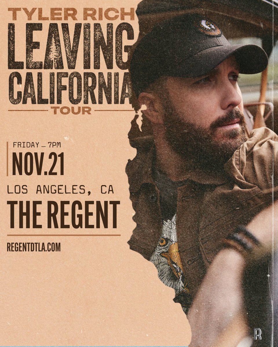 RegentTheaterLA's tweet image. Country Singer-Songwriter, Tyler Rich, is bringing his Welcome to the Leaving California Tour to The Regent on Friday, November 21st.
Pre-sale begins Tuesday, July 15th at 9am 🎫
On sale Friday, July 18th at 9 AM 🎫
Get tix at regentdtla.com
