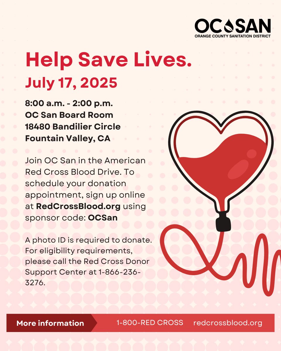Join our team in saving lives through the American Red Cross Blood Drive! To schedule your donation appointment, sign up at RedCrossBlood.org with sponsor code: OCSan. ❤️