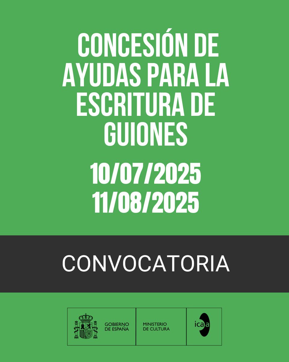 🔸🔸 El Ministeri de Cultura via ICAA ha convocat les ajudes per a la escriptura de guions de llargmetratge (ficció i documental, siga imatge real o animació) per a l’any 2025.

📆 Termini de presentació: 11 D'AGOST 
#EDAV

cultura.gob.es/servicios-al-c…