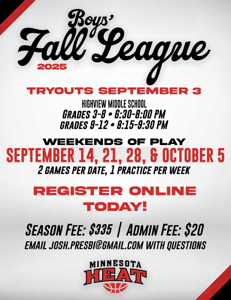BOYS: Fall League tryout dates are set! 

Suit up this fall to stay sharp! 

Info: minnesotaheat.leagueapps.com/clubteams/4654…