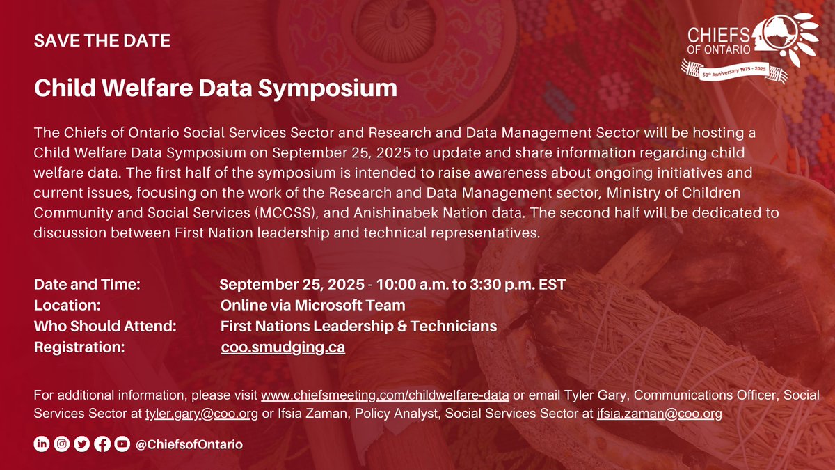 ChiefsofOntario's tweet image. The Chiefs of Ontario Social Services Sector and Research and Data Management Sector will be hosting a Child Welfare Data Symposium on September 25, 2025, to update and share information regarding child welfare data.
Registration: coo.smudging.ca/Meeting/Regist…