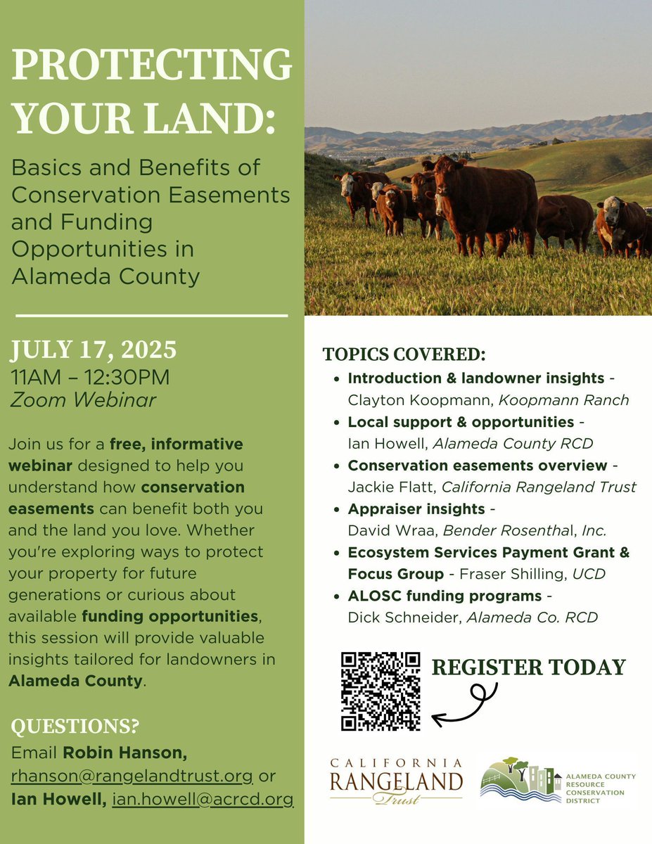 RangelandTrust's tweet image. #AlamedaCounty landowners — join us for a free Zoom webinar on July 17 to learn how conservation easements and local funding programs can help you safeguard your property for future generations.
Register here: buff.ly/Tto7ucW