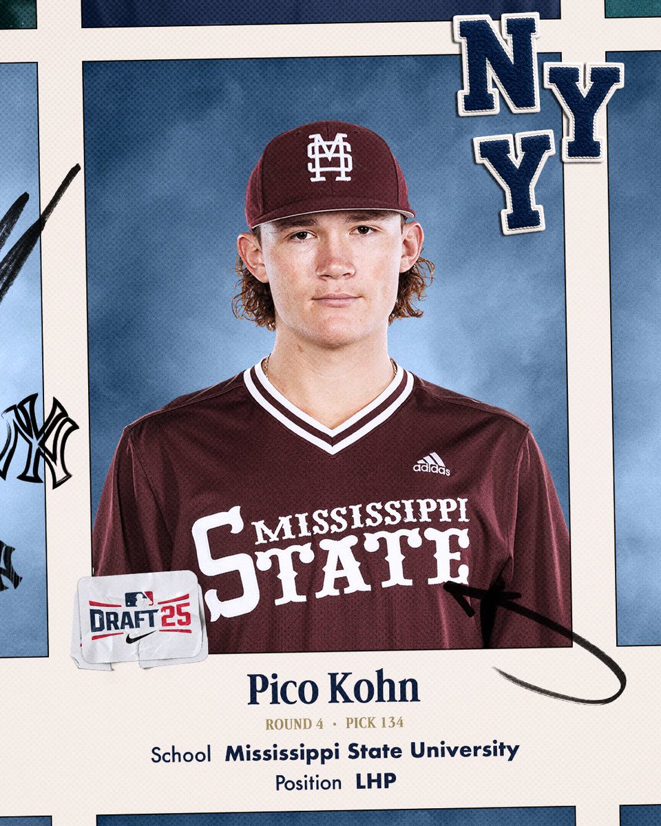 NYYPlayerDev's tweet image. Round 4 | Pick 134: The New York Yankees select LHP Pico Kohn out of Mississippi State.
#MLBDraft