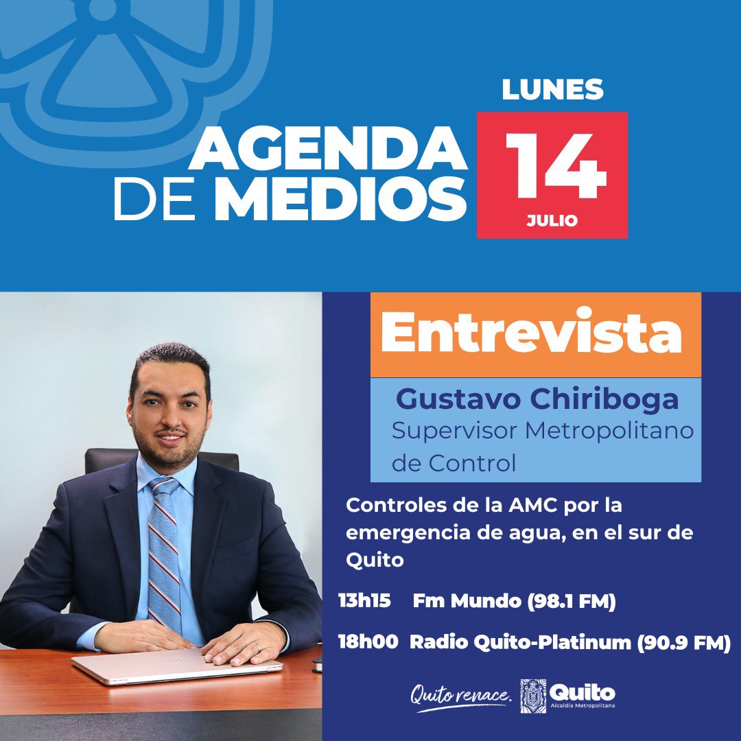 Agencia Metropolitana de Control (@amcquito) on Twitter photo 📻 #AMCenMedios | Hoy, <a href="/guschiribogam/">Gustavo Chiriboga M ∴</a> estará en los 🎙️microfonos de <a href="/fmmundo/">FM Mundo</a> y <a href="/radioquitoec/">Radio Quito</a>-<a href="/radioplatinumec/">Radio Platinum</a>
🛂 Hablará sobre las acciones de control en la emergencia de agua, de las 6 parroquias afectadas del sur de Quito.
🤝Con orden y control,
#QuitoRenace 📻 #AMCenMedios | Hoy, <a href="/guschiribogam/">Gustavo Chiriboga M ∴</a> estará en los 🎙️microfonos de <a href="/fmmundo/">FM Mundo</a> y <a href="/radioquitoec/">Radio Quito</a>-<a href="/radioplatinumec/">Radio Platinum</a>
🛂 Hablará sobre las acciones de control en la emergencia de agua, de las 6 parroquias afectadas del sur de Quito.
🤝Con orden y control,
#QuitoRenace