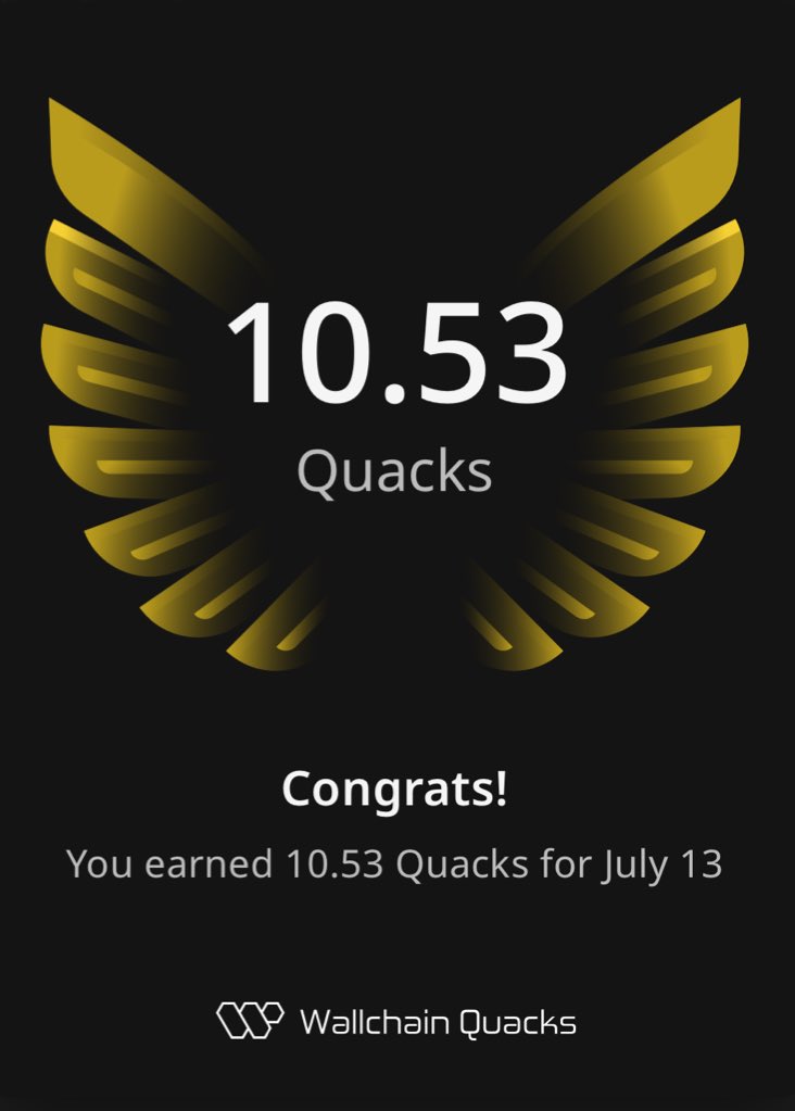 Update on my <a href="/wallchain_xyz/">Wallchain Quacks</a> Journey. 

- July 12 and July 13 WallChain Quacks obtained. 

- Still stuck at 300m ish on <a href="/genome_protocol/">Genome</a> Vee formation. 

I’m wondering if playing it on a tablet will be much better? 

How many Quacks have you earned so far ?