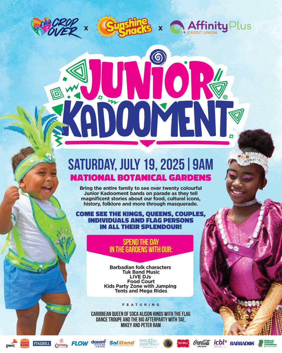 CropOverHUB's tweet image. 🇧🇧 This weekend belongs to the juniors as we gear up for both the Junior Kadooment and Junior Monarch Finals events on Saturday, July 19th.
📅 Tap into the events using our online Crop Over Calendar platform via bit.ly/CropOverHUBCal… for more information.
#CropOver2025