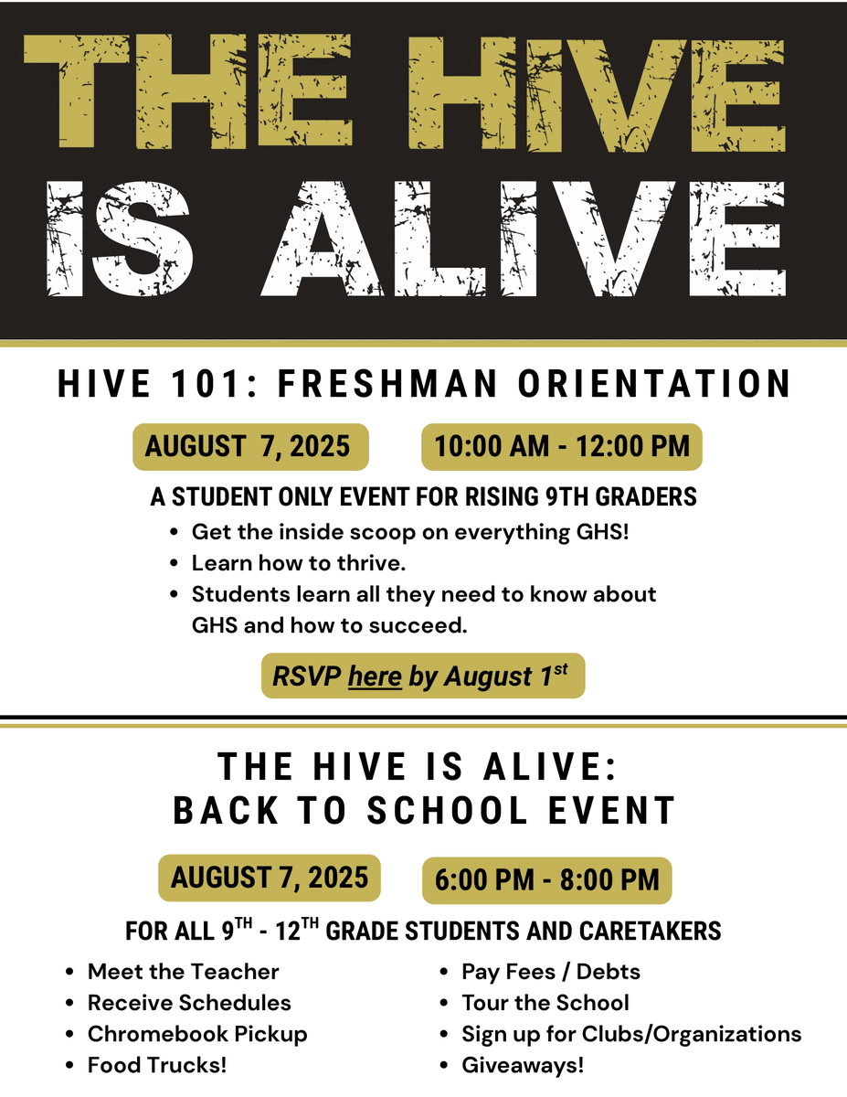 Greer_High's tweet photo. The Hive is Alive!  Visit the GHS website for more information and to RSVP for Hive 101: Freshman Orientation. https://t.co/HHDtwLM3hV