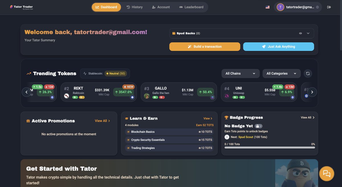 GM Quick Intel fam!

<a href="/tator_trader/">Tator</a> is one of the most powerful trading tools out right now—built by our team to make trading stupid easy.

You can:
🔥 Spot trending tokens
⚠️ Get a full risk &amp; opportunity breakdown on trending tokens
🍟 Earn NFT badges + tots to reduce your tx