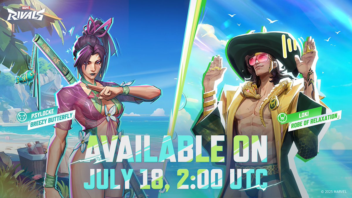 MRivalsMedia's tweet image. ‼️Psylocke ‘Breezy Butterfly’ & Loki ‘Robe of Relaxation’
📅 Available: July 17 at 7:00 PM PDT!
#MarvelRivals