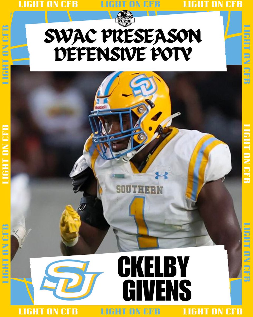 LIGHT ON COLLEGE SPORTS (@lightonsports) on Twitter photo Southern defensive end Ckelby Givens has been named the 2025 SWAC Preseason Defensive Player of the Year 🏆🐆
(via <a href="/theswac/">Southwestern Athletic Conference</a>)
📸: Thomas B. Shea Southern defensive end Ckelby Givens has been named the 2025 SWAC Preseason Defensive Player of the Year 🏆🐆
(via <a href="/theswac/">Southwestern Athletic Conference</a>)
📸: Thomas B. Shea
