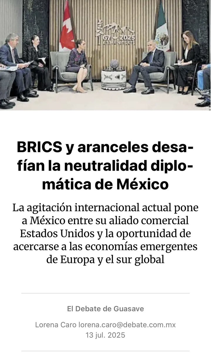 joelpena89's tweet photo. 📌 Muchas gracias @LorenaCaro por la entrevista para tu artículo “#BRICS y aranceles desafían la neutralidad diplomática de #México” publicado en @ELDEBATE. Un gusto compartir el espacio con @OleaVictorM del @ITESO y Carlos Hugo Zamarrón de la @FES_ACATLAN.

🔗 https://t.co/iAfsyxW4ZT