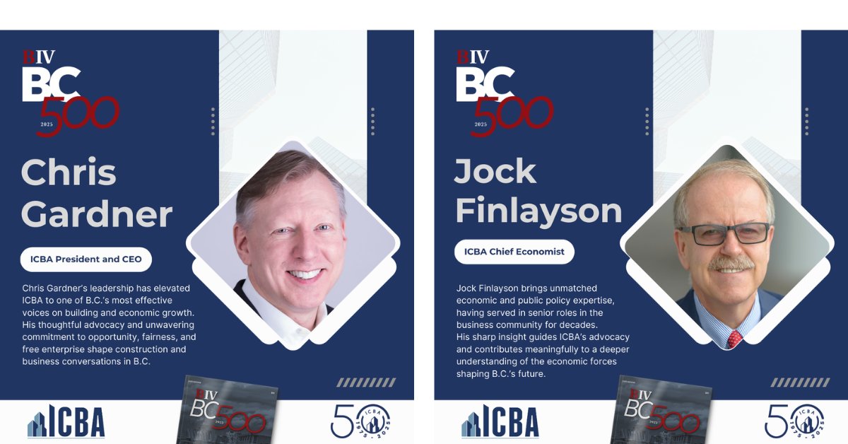 icbabc's tweet image. We’re proud to share that two of ICBA’s senior leaders, President & CEO Chris Gardner and Chief Economist Jock Finlayson, have been named to @BIVnews' prestigious #BC500 list, recognizing influential British Columbians making a notable impact on our province.
Chris Gardner’s…