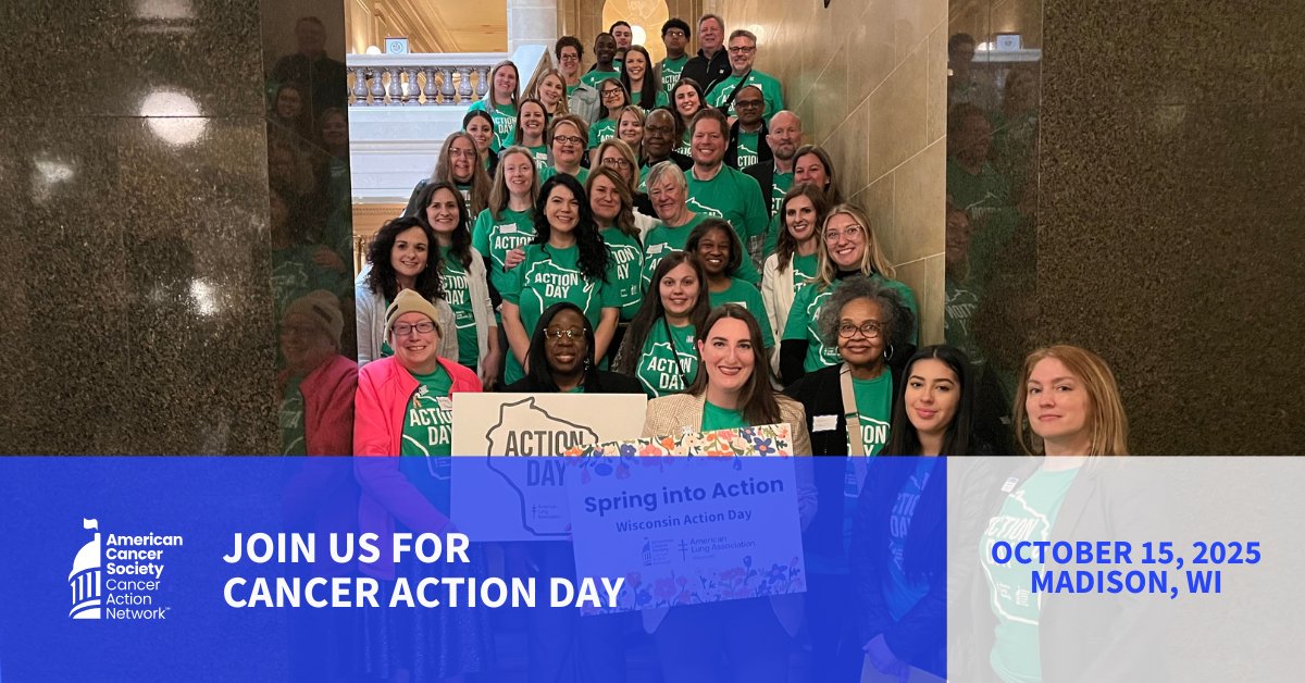 Join us for Cancer Action Day on October 15th! Together we’ll fill the halls of the state capitol with people just like you—cancer patients, survivors, caregivers, and volunteers— to remind lawmakers to make fighting cancer a top priority. Register today! act.fightcancer.org/a/2025-wi-canc…