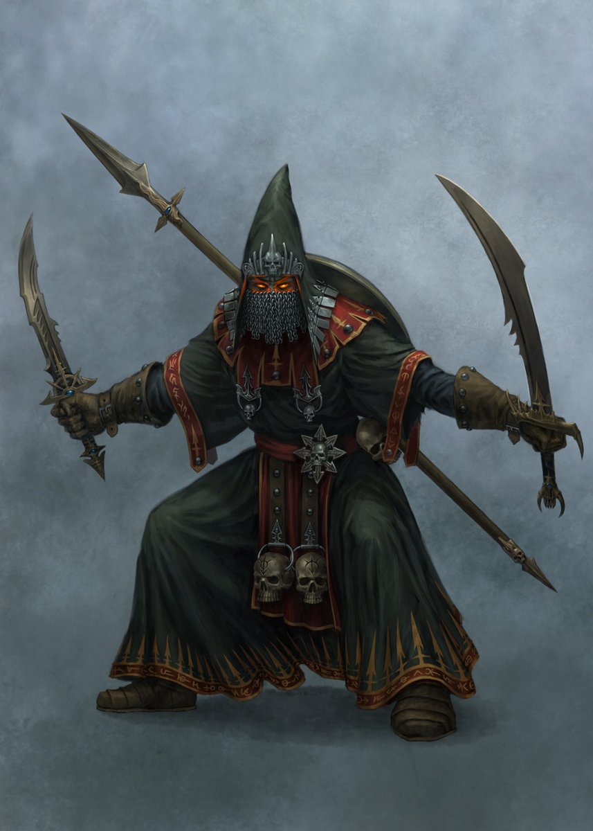 xathrodox86's tweet image. This... This is probably one of my favorite depictions of a Chaos Cultist ever. It's obviously a higher-level mook, wearing snazzy robes and being armed to the (probably mutated) teeth.
The real shame is that I don't know who the artist is. I love thier work here!
#WarhammerArt