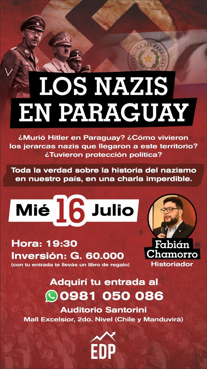 Buenas. Paso a contarles que el miércoles hacemos una charla sobre el Nazismo en Paraguay. Vamos a hablar de muchas cosas: mitos, quiénes llegaron y quiénes no a nuestro territorio, qué influencia tenían acá, etc, etc. Va a estar buenísima. Entradas en el número que está aquí👇🏼