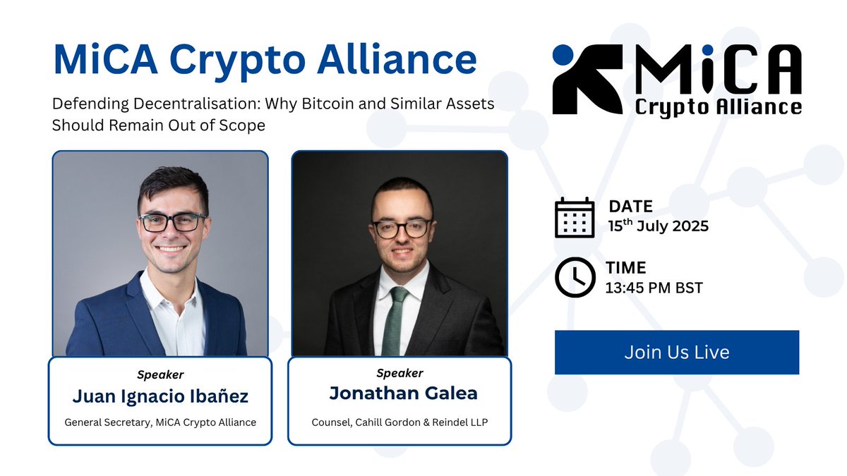 MiCA_Alliance's tweet image. 🔔 45 minutes to go.
At 13:45 BST, Jonathan Galea, @CahillGordon,and our General Secretary, @juan_i_ibanez, will examine how #MiCA applies to decentralised assets and the legal boundaries of disclosure requirements.
Key questions on the agenda:
✅ Does Bitcoin fall outside…