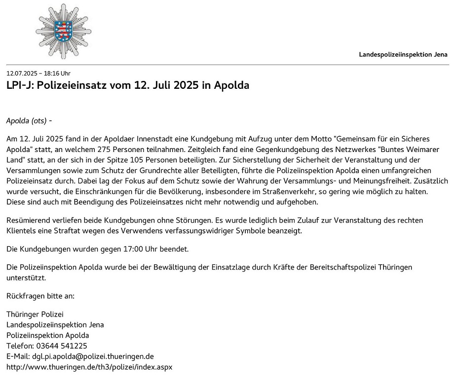 Der_Aufrichtige's tweet photo. Aus den Polizeiberichten der LPI #Jena zum Einsatz am 12. Juli in #Apolda:
»Daher wurden nun drei Verfahren wegen Verwenden von Kennzeichen verfassungswidriger Organisationen sowie zwei nach dem Verstoß des Versammlungsgesetzes nachträglich eingeleitet.« 4/6 https://t.co/EvTQP3sCFA