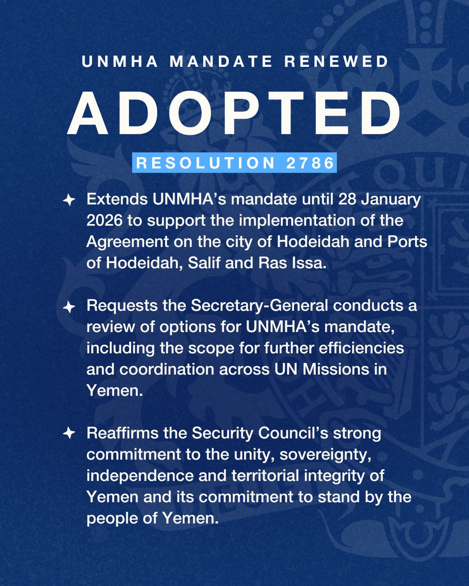 UKUN_NewYork's tweet image. The @UN Security Council voted to renew @UN_Hudaydah's mandate.
The UK remains committed to ensuring the UN can operate across its Missions in Yemen, including to deliver humanitarian aid and preserve space for a future UN-led peace process.