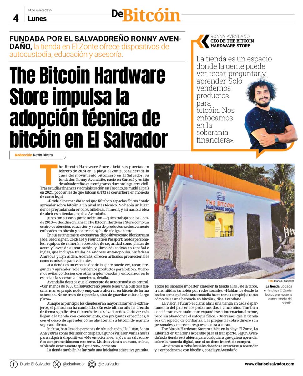 Kevin Rivera (@kealrive22) on Twitter photo I spoke with <a href="/ronnyavendano_/">Ronny 🇸🇻🇨🇦</a>, founder of <a href="/tbhs_sv/">The Bitcoin Hardware Store</a> in El Zonte, El Salvador. We talked about self-custody, Bitcoin education, and empowering locals through accessible tools and knowledge. 🇸🇻
🔗 bit.ly/4lkddBc I spoke with <a href="/ronnyavendano_/">Ronny 🇸🇻🇨🇦</a>, founder of <a href="/tbhs_sv/">The Bitcoin Hardware Store</a> in El Zonte, El Salvador. We talked about self-custody, Bitcoin education, and empowering locals through accessible tools and knowledge. 🇸🇻
🔗 bit.ly/4lkddBc