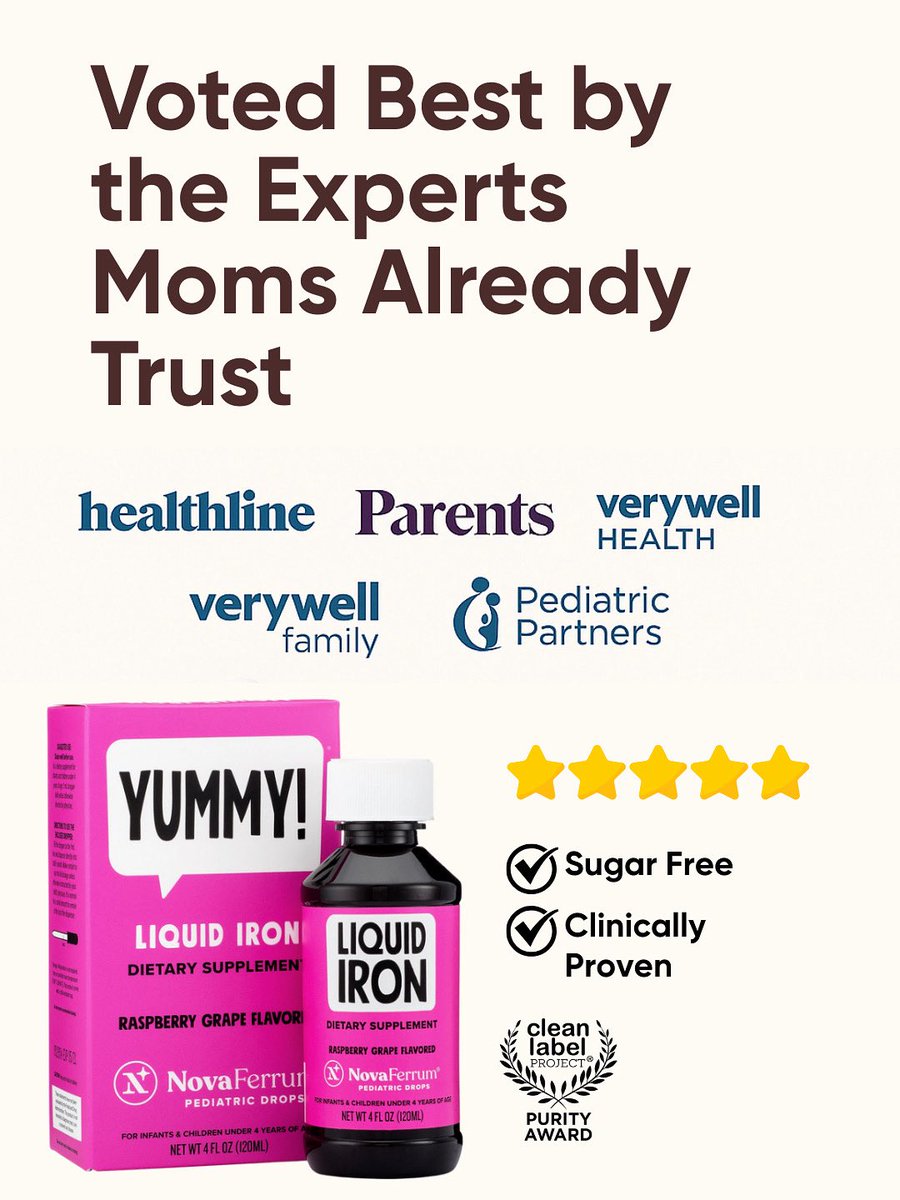 NovaFerrum has been named:
💧“Best Liquid Iron” – Verywell Family
🧒“Best for Kids” – Verywell Health
🌿“Best Multivitamin with Iron” – Parents.com
🍇“Naturally flavored &amp; sugar-free” – Healthline
🏥“The only infant iron we recommend” – Pediatric Partners KC