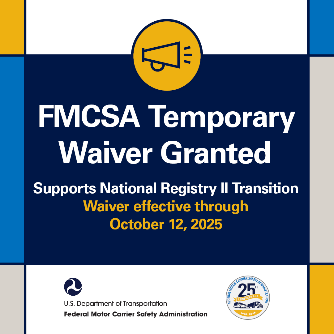FMCSA's tweet image. 📄 FMCSA issued a waiver allowing CDL/CLP holders & carriers to use paper med certs for up to 15 days after issue.
Waiver valid through Oct. 12, 2025.
🔗 Read more: fmcsa.dot.gov
Supports transition to electronic medical certs under NRII.
#FMCSA #NRII #RoadSafety