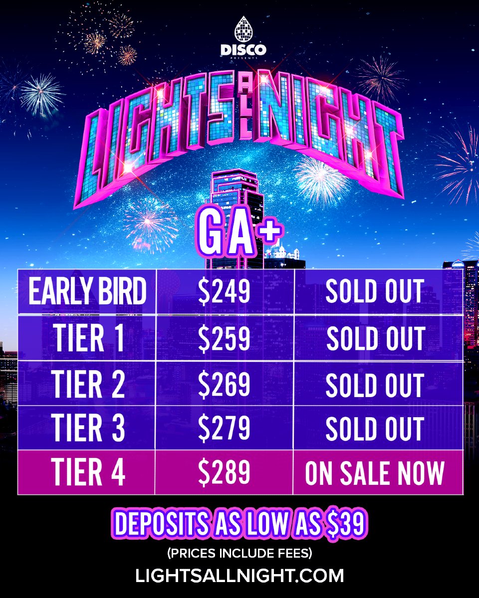 LightsAllNight's tweet photo. Tickets are moving FAST! 🕺 GA+ Tier 3 and Ultra VIP are officially SOLD OUT! 🌟

There’s still time to glow up! 🤩  Upgrade your experience with GA+ and lock it in with just a $39 deposit!

Secure your NYE plans now → https://t.co/1bIkDgMTWL 🌃 https://t.co/pD7SXPt7uY
