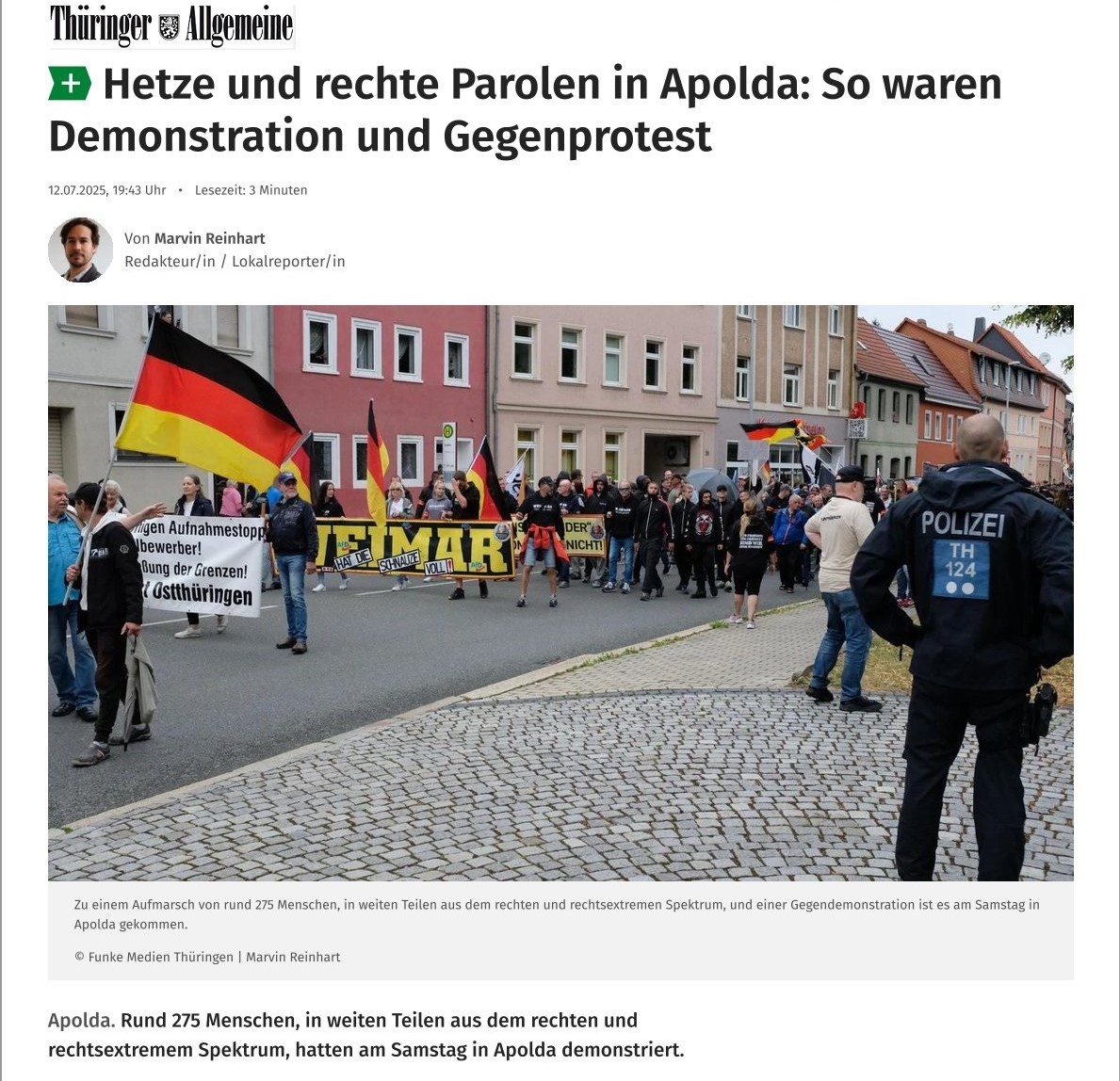 Der_Aufrichtige's tweet photo. Der Bericht der TA zu den Demonstrationen am 12.07.25 in #Apolda 5/6 https://t.co/lynglgALpW