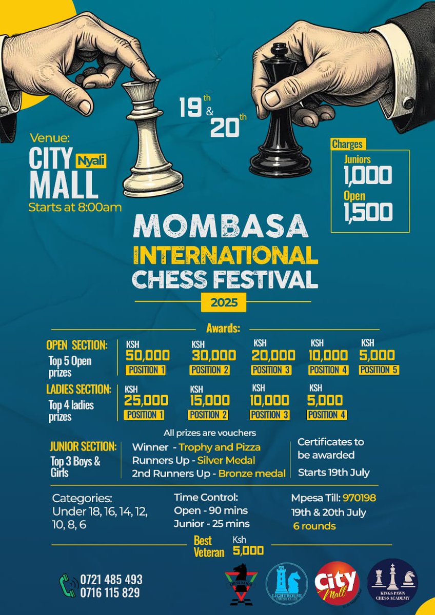Genevieve Maashao (@gmaashao) on Twitter photo All roads lead to the Coast this weekend for Mombasa International Chess Festival. Don’t be left out, register and win big.
<a href="/MeetsKids/">Business Meets Chess & Kids</a> <a href="/GMCarlsson/">Pontus Carlsson</a> <a href="/Lighthouse_msa/">Lighthouse Chess Club Mombasa</a> <a href="/Yve_chessqueen/">Yve_chessqueen</a> <a href="/MercyIngado1/">Mercy Ingado</a> <a href="/ZuriTatiina/">Zuri Tumwesigye</a> <a href="/JamieCole_04/">Jamie-Nicole Beukes</a> <a href="/Jamie_Kanango/">Jamie</a> <a href="/ChessKenya/">Chess Kenya</a> <a href="/thegiftofchess/">The Gift of Chess</a> <a href="/TandekaShiloh/">Tandeka Shiloh</a> All roads lead to the Coast this weekend for Mombasa International Chess Festival. Don’t be left out, register and win big.
<a href="/MeetsKids/">Business Meets Chess & Kids</a> <a href="/GMCarlsson/">Pontus Carlsson</a> <a href="/Lighthouse_msa/">Lighthouse Chess Club Mombasa</a> <a href="/Yve_chessqueen/">Yve_chessqueen</a> <a href="/MercyIngado1/">Mercy Ingado</a> <a href="/ZuriTatiina/">Zuri Tumwesigye</a> <a href="/JamieCole_04/">Jamie-Nicole Beukes</a> <a href="/Jamie_Kanango/">Jamie</a> <a href="/ChessKenya/">Chess Kenya</a> <a href="/thegiftofchess/">The Gift of Chess</a> <a href="/TandekaShiloh/">Tandeka Shiloh</a>