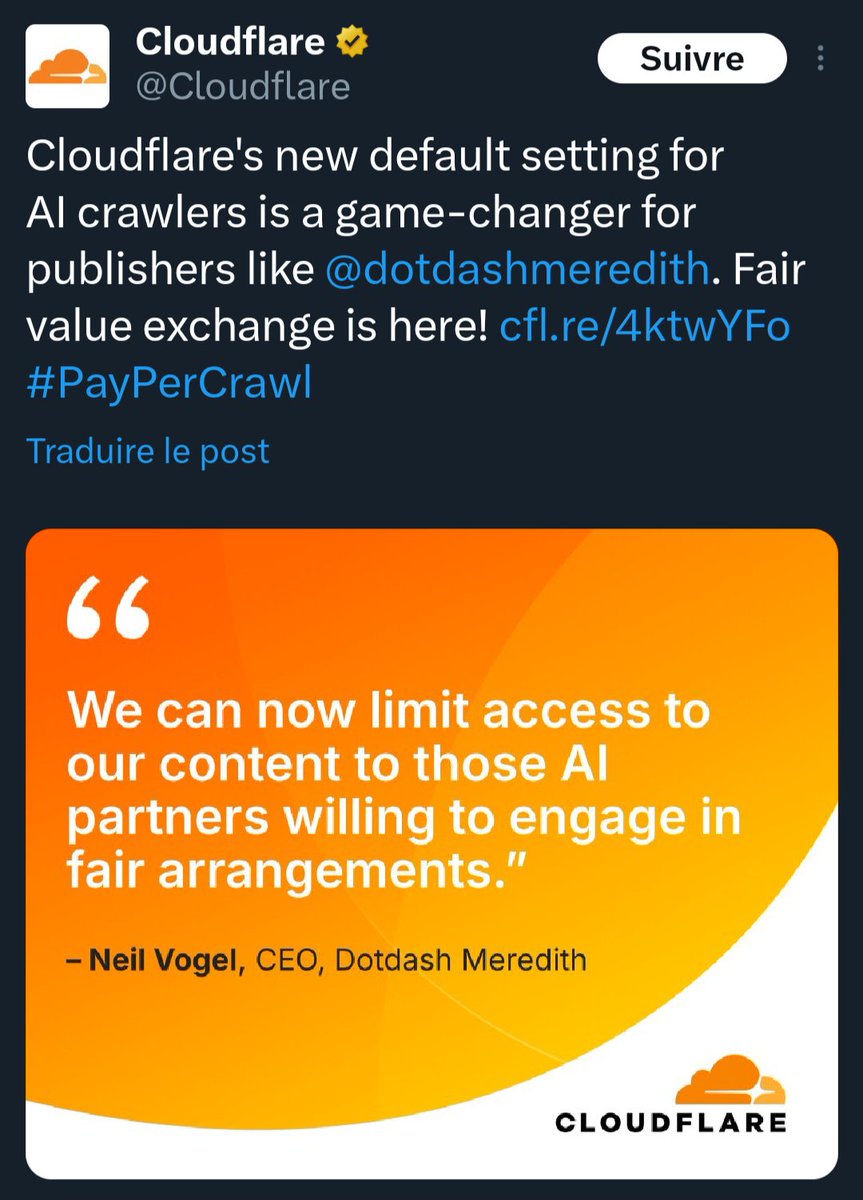 Cloudflare is at the right place to help filter AI crawling.

Implementing a system that asks AI crawlers to pay for the data they harvest seems to be a fair decision in my opinion.

Now let's see how they implement this idea...