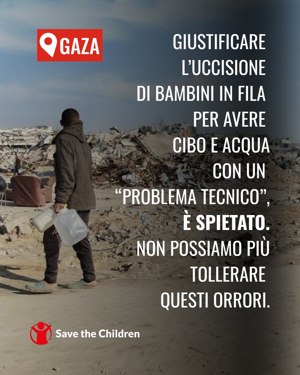 SaveChildrenIT's tweet image. A #Gaza le forze israeliane hanno ucciso dei bambini mentre erano in fila per ricevere cibo e acqua. Per giustificare questa atrocità, il governo ha parlato di “problema tecnico”, una scusa crudele e inaccettabile.
📢I bambini non possono MAI essere un target!