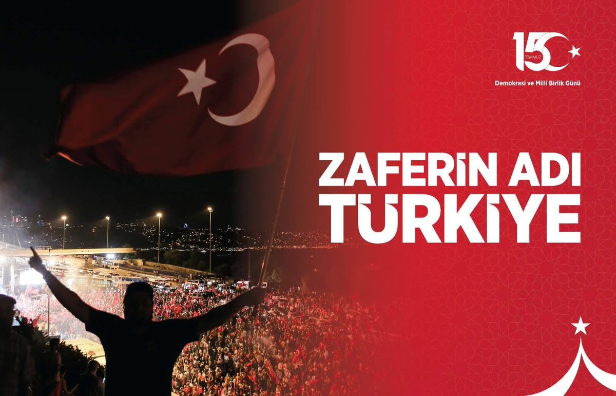 15Temmuz,Milletimizin vatanı,bayrağı ve ezanı için hainlerin kurşunlarına göğsünü siper ettiği ve hainlere “dur”dediği yüzyıllarca unutulmayacak bir zaferin adıdır.
 Aziz şehitlerimizi rahmet ve dualarla, gazilerimizi şükranla anıyorum.🇹🇷 🇹🇷 🇹🇷
#ZaferinAdıTürkiye