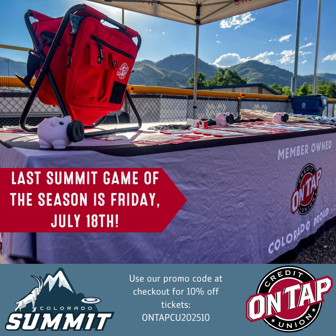 The Colorado Summit's last game of the season is this Friday, July 18th. Catch the Summit as they take on the Seattle Cascades. This is going to be a great game!

Use our promo code ONTAPCU202510 for 10% off your tickets. Let's go Summit!

#UltimateFrisbee #Golden #OnTapCU