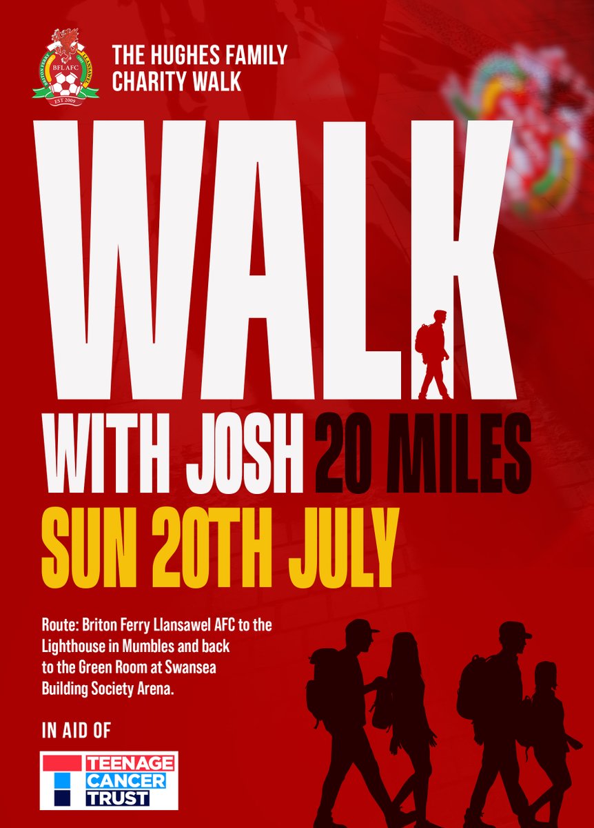 Charity Walk for U19s player Josh Hughes – Supporting Teenage Cancer Trust. 

On Sunday 20th July, friends and supporters of Josh Hughes, a talented member of our U19s who has been part of our club since 2021, will be taking on a 20-mile charity walk from Briton Ferry Llansawel