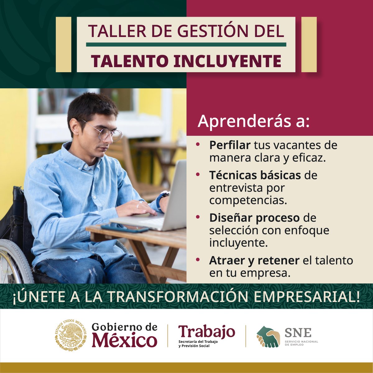 📢 ¡Taller de Gestión del Talento Incluyente!​

Profundiza tus conocimientos en el manejo de talento con enfoque inclusivo y lleva a tu empresa al siguiente nivel.​
​
👉 Disponible en línea los 365 días de año, las 24 h. ​
📲 Regístrate: goo.su/tUUl