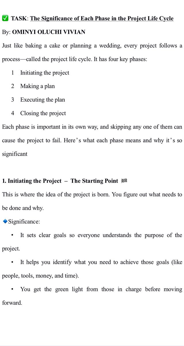 oluchiominyi's tweet image. Here’s a summary of my task🥰🥰

Part 1: SIGNIFICANCE OF EACH PROJECT PHASE @B_AkuwuDike 
#ProjectManagement #ProjectLifeCycle #PMPhases