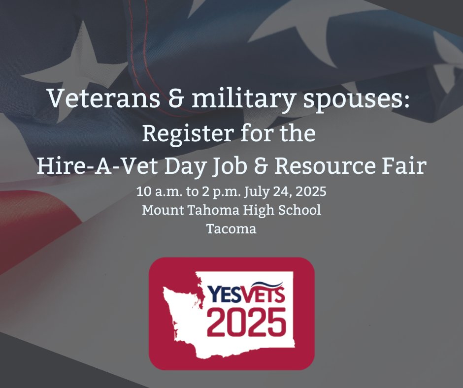 News release: Job &amp; Resource fair comes to Tacoma July 24 for National Hire-A-Vet Day. This event is free and open to members and families in all branches of the military: active duty, National Guard, Reserves, veterans, Department of Defense. Read more: esd.wa.gov/about-us/news-….