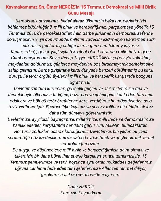 15 Temmuz Demokrasi ve Milli Birlik Günü Mesajı